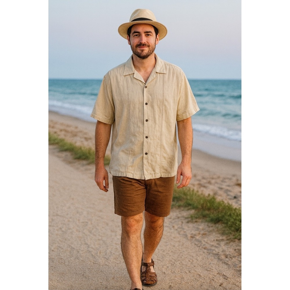 Axcess Claiborne VTG Y2K Tan Mens 100% Silk Caribbean Button Down Shirt Sz XXL